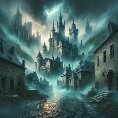 Primary subject: A city with a castle in the background.
Setting/background: The city is surrounded by a castle, and there are many buildings in the area.
Visual style: The image is a digital art or illustration.
Colors and mood: The image has a dark and moody atmosphere, with the castle and city buildings creating a dramatic scene.